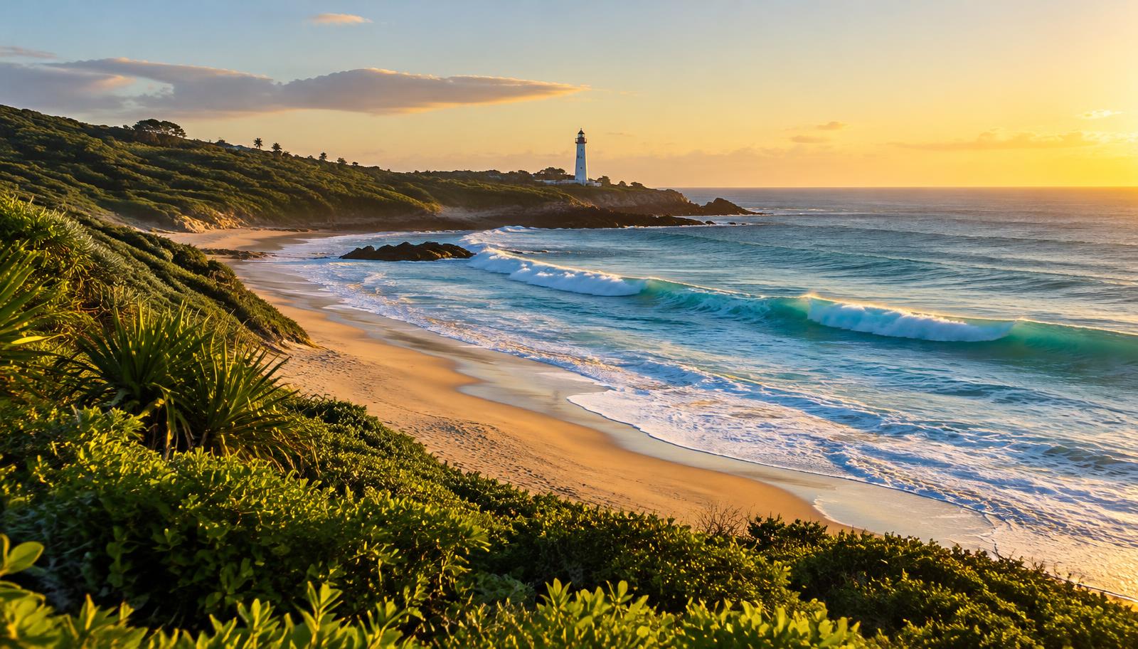 KZN South Coast beach with lighthouse